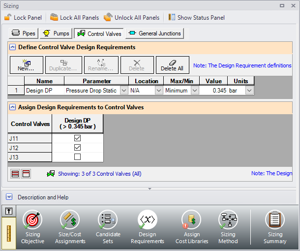 The Design Requirements panel defined for the Control Valves. 